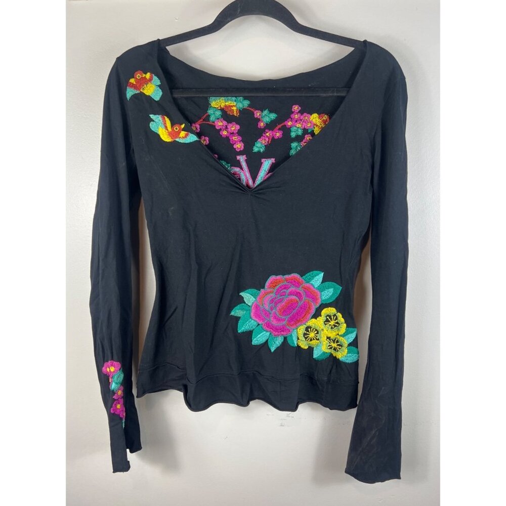 Black Long Sleeve Top Floral Embroidered Boho Chic V-Neck Small